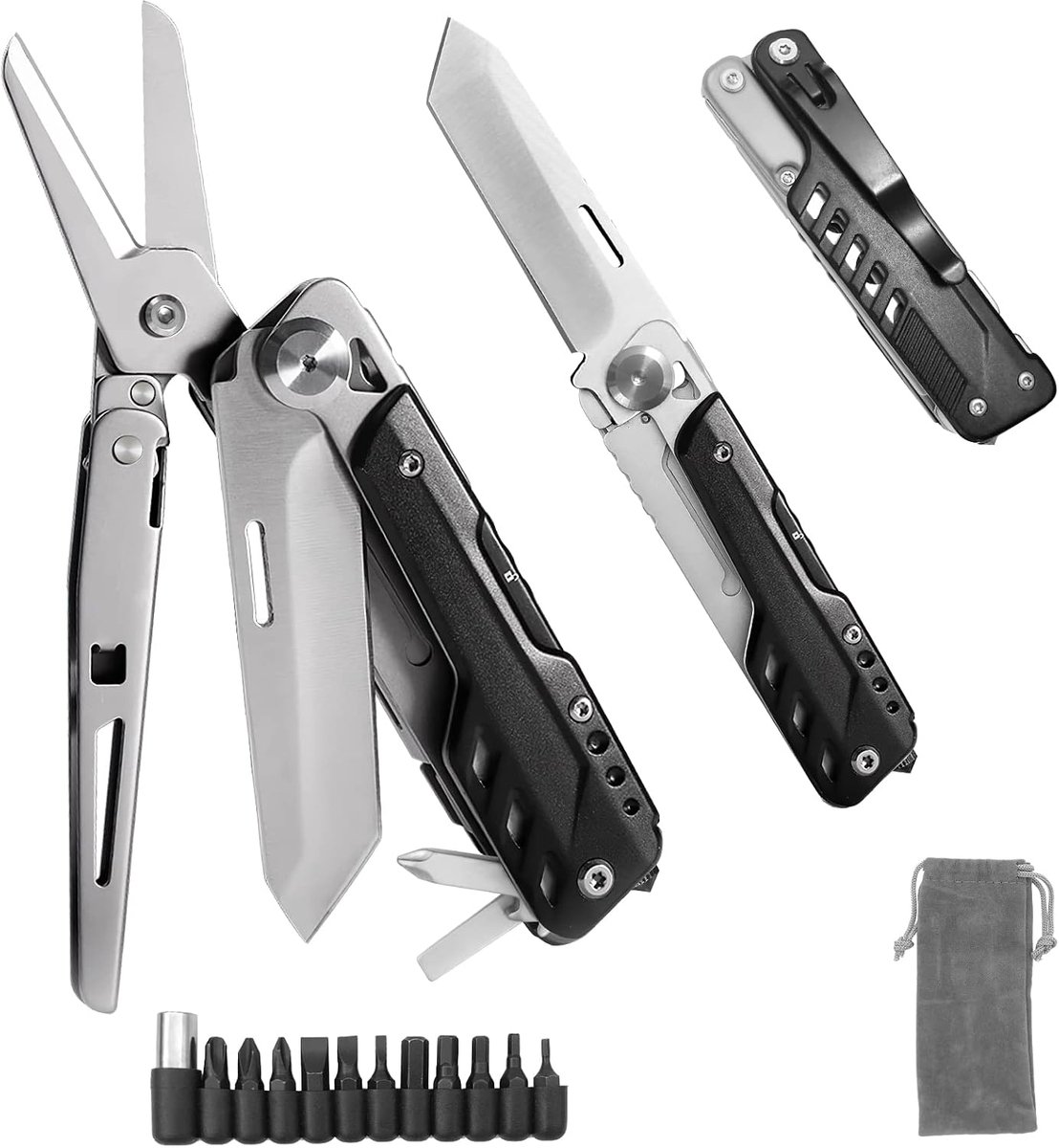 Multitool 5 in 1 Multifunctioneel Vouwbaar Zakmes, Vouwschaar, Afneembaar Roestvrij Staal Geometrisch Mes Voor Buiten Kamperen Wandelen, met Koordzakje (Extra 11 Schroevendraaierbits)