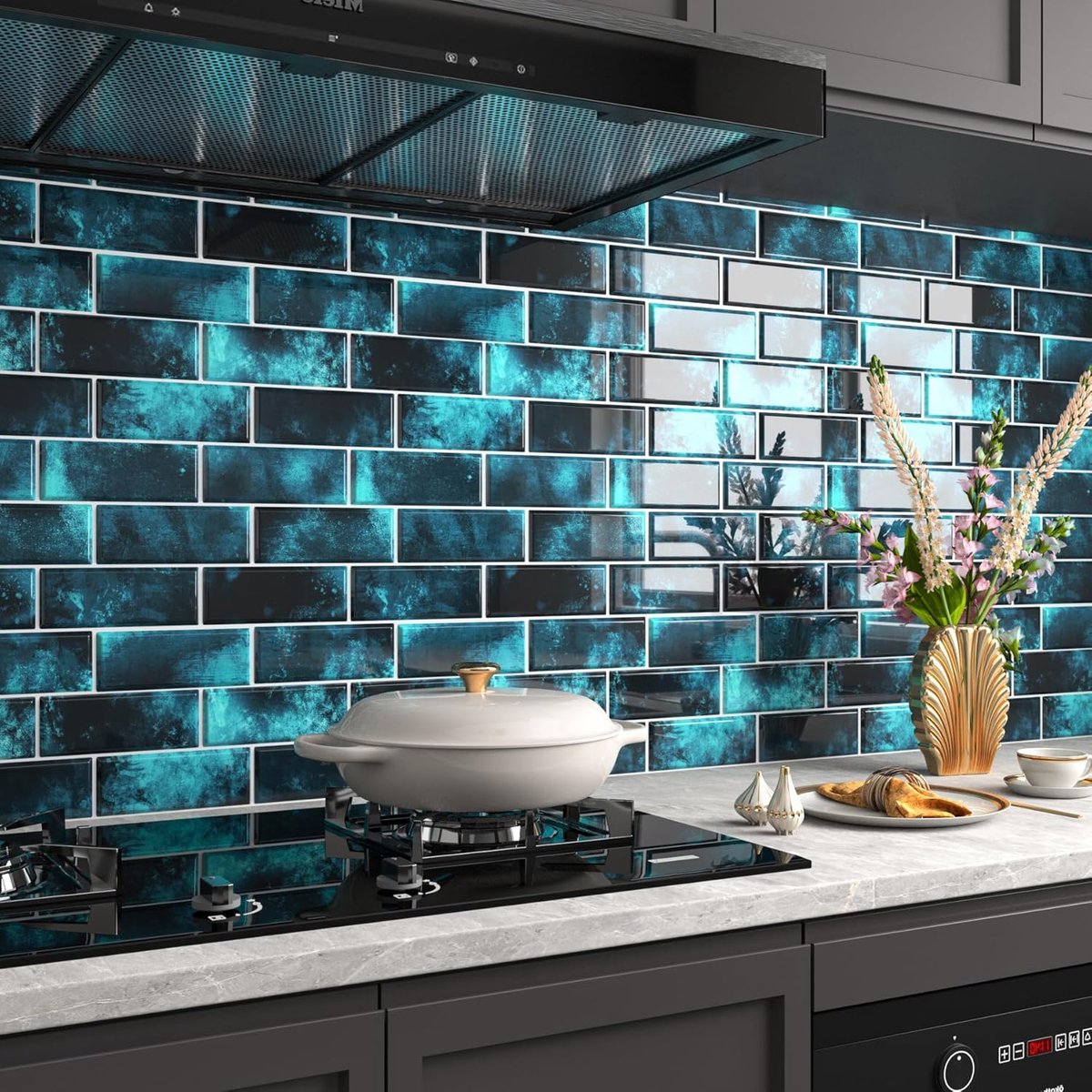 Tegelstickers, donkerblauw, 3D pel-en-plak wandtegels voor badkamer, waterdicht, rechthoekig, blauw, 30 x 30 cm, 5 stuks plaktegels voor keuken, spatwand, wasbare plakkende wandtegels