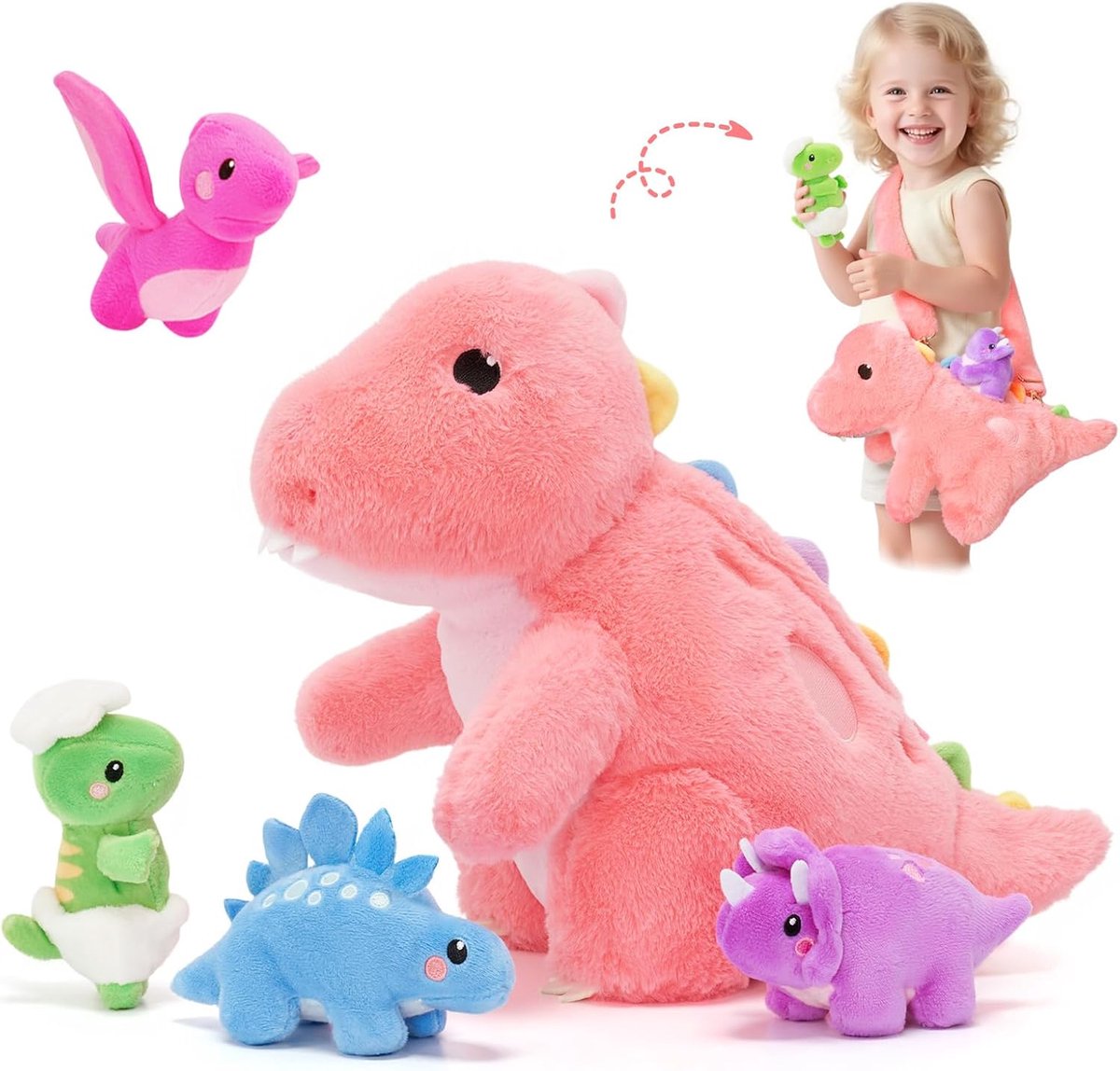 Dino knuffeldier, 31 cm, schattig dinosaurus, knuffeldier met 4 babydino, pluche dier in de buik, decoratie, feestcadeaus voor kinderen