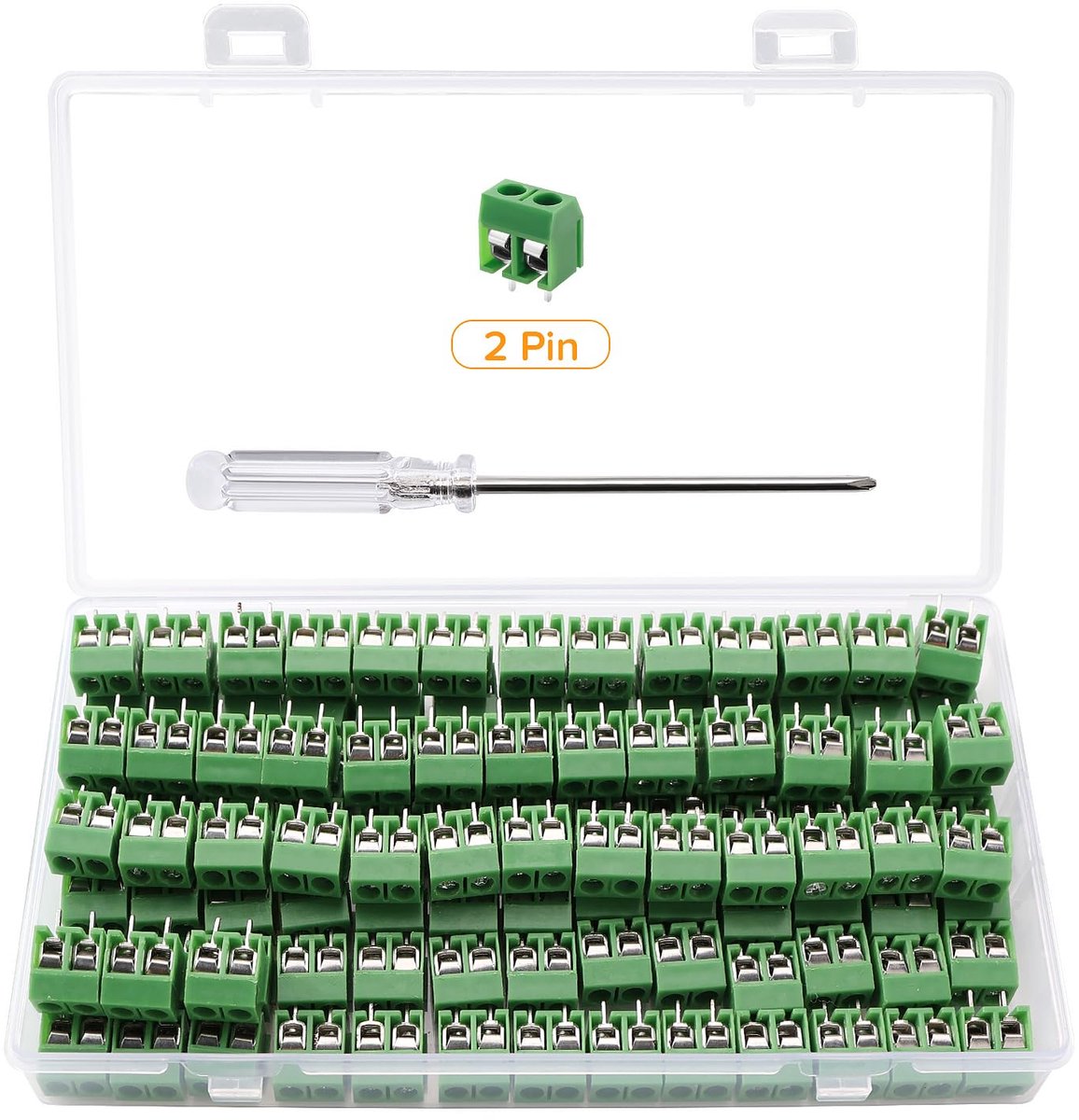 100 Stuks 5mm Spoed 2-Pins PCB Mount Schroef Klemmenblok, PCB-Klemmenblok, met Schroevendraaier, voor Arduino DIY-Project, Groen