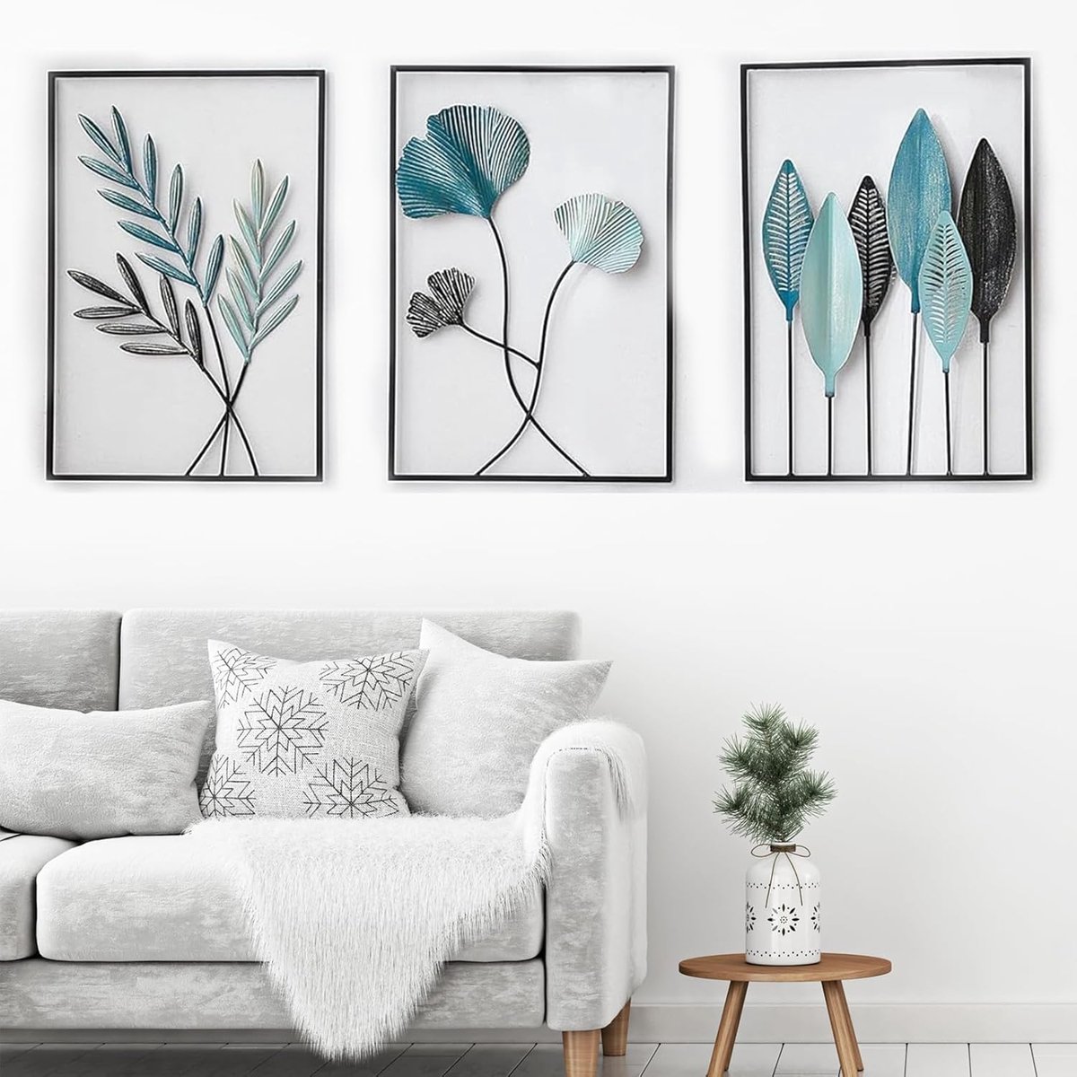 bechoanigel Wanddecoratie woonkamer, 3 stuks metalen bladen, decoratief, metaal, moderne wandversiering, woondecoratie, ginkgoblad, moderne minimalistische decoratie, woonkamer wanddecoratie