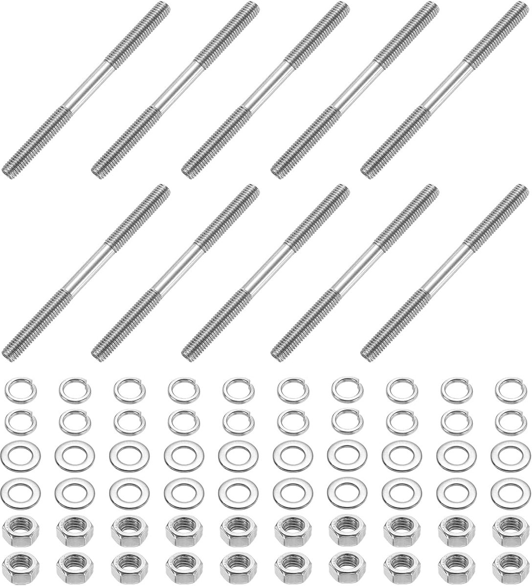 10 stuks dubbelzijdige schroefdraadstangen M5 x 70 mm 304 roestvrij staal dubbelzijdige schroefdraadstangen met moeren en sluitringen en veerringen dubbelzijdige schroefdraadstangen voor