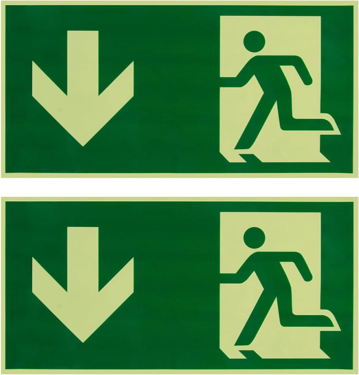 Nooduitgangsplaatje, oplichtend, 300 x 150 mm, vluchtwegborden, oplichtend, eerstehulp-bord, nooduitgang, reddingswegteken met pijl naar beneden, uv-bescherming voor binnen en buiten