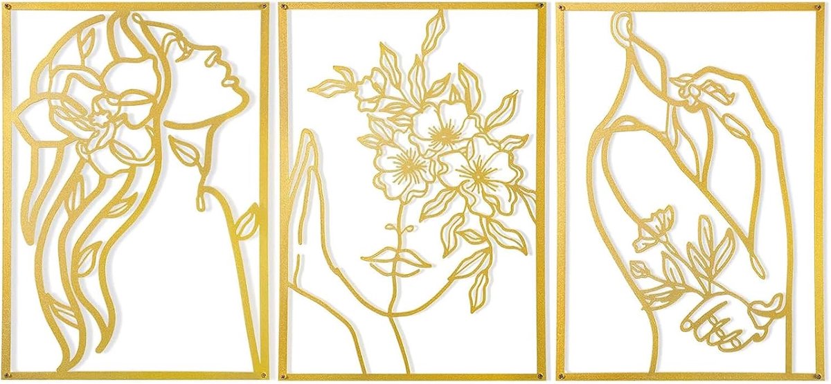 Metalen Minimalistische Lijn Muurkunst, 28 x 38 cm Verdikte Gouden Muurkunst, Bloemen Esthetiek Moderne Huisdecoratie voor Slaapkamer Woonkamer -