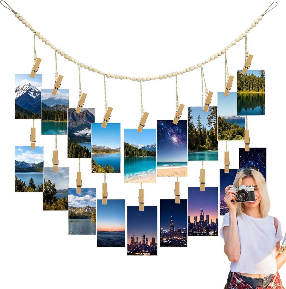 Fototouw met klemmen, fotolijn met houten klemmen, kralen, hart, fotolijn, wanddecoratie, doe-het-zelf, creatieve fotoophanging voor het ophangen van fotokaarten, fotolijsten, 2 stuks