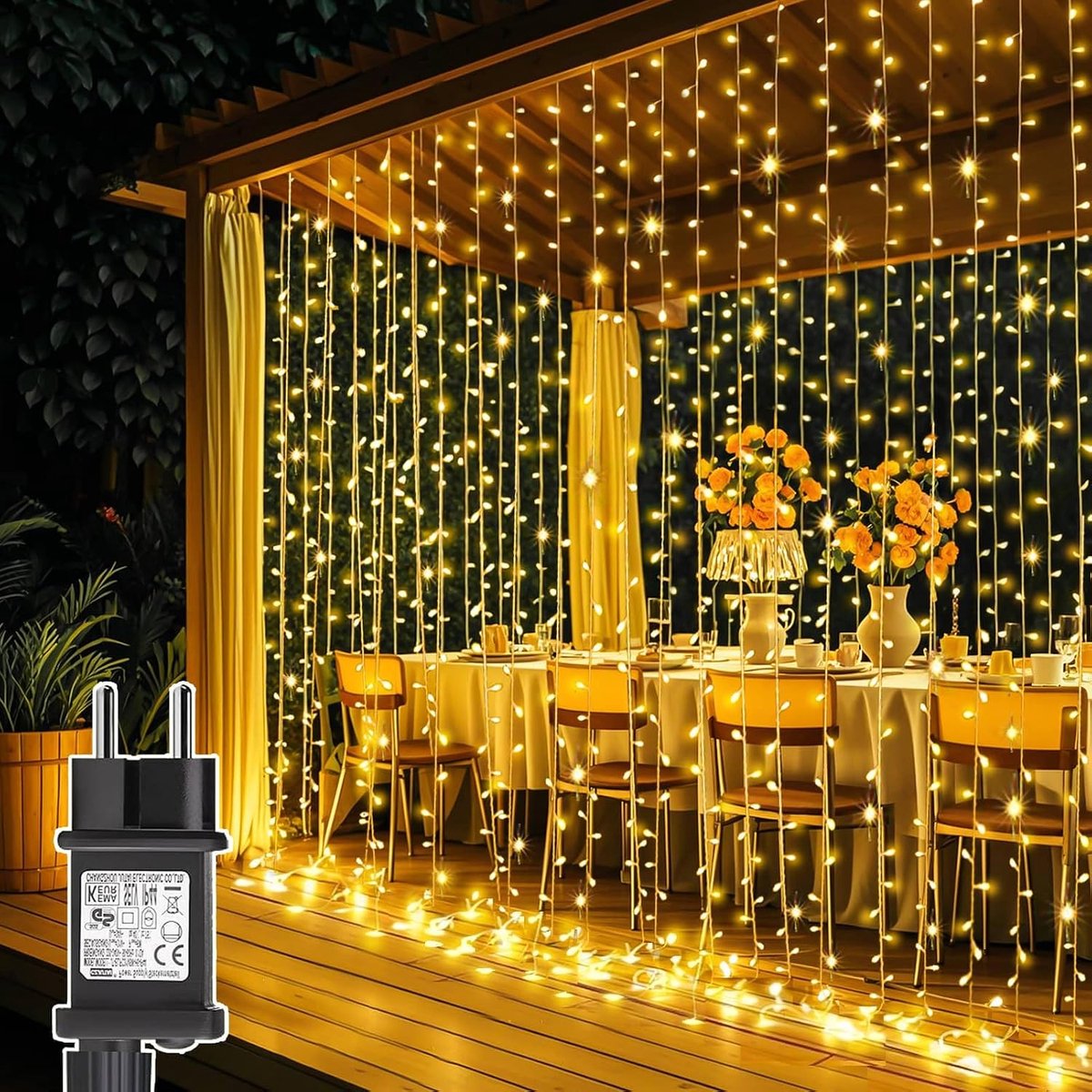 Lichtgordijn, 3 m x 3 m, 300 leds, met stekker, 8 modi, kerstverlichting, waterdicht, lichtketting, raam, voor muur, kamer, balkon, buiten, binnen, kerstdecoratie