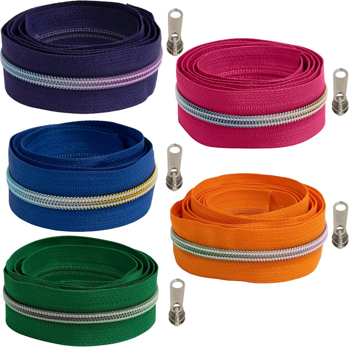 - Spiralritsset 5x1 m N°5 - kleur groen magenta donker lila blauw oranje + 15 niet-vergrendelbare metalen sliders N°5