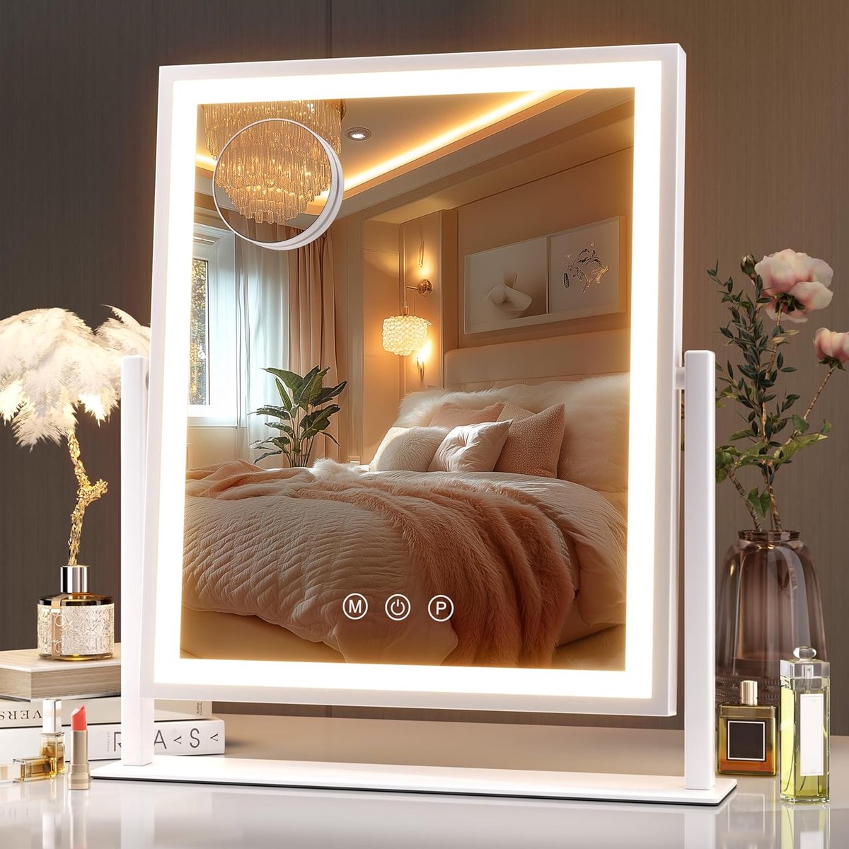 Make-upspiegel met verlichting, 29 x 35 cm, led-make-upspiegel, verlichte spiegel met Smart Touch Control, 10x vergroting 3 kleuren dimbaar, helderheidsaanpassing 360 ° rotatie