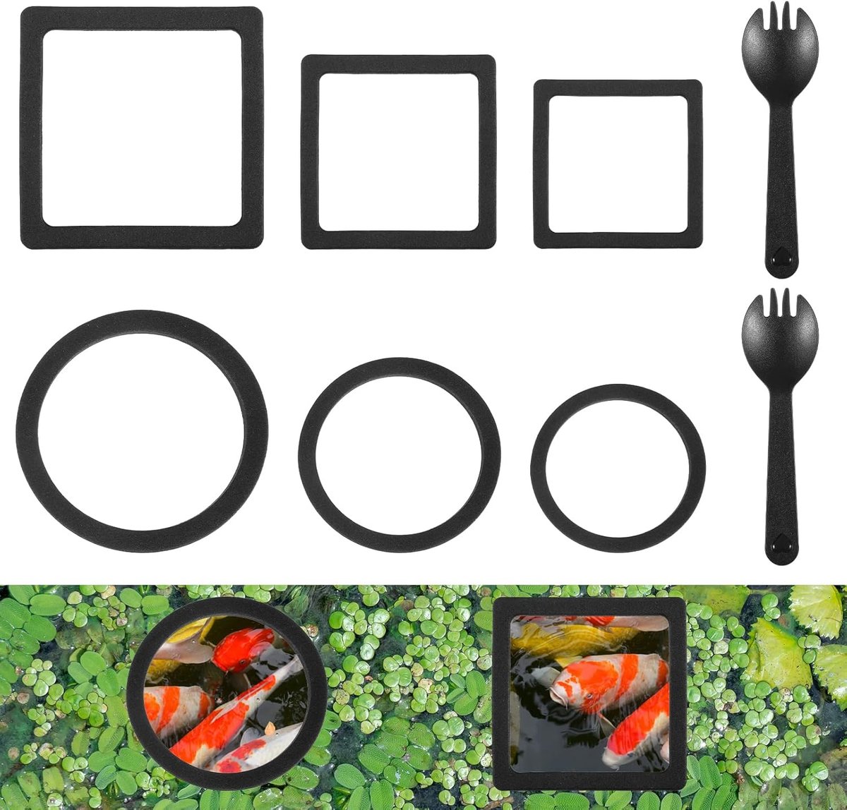 6 STKS Visvoeding Ring - Zwarte EVA Aquarium Drijvende Plant Barrière, Betta Fish Tank Accessoires voor Mini Vissen Tank, Drijvende Planten Houder|Feeder|Corral (3 Rond + 3 Vierkant)