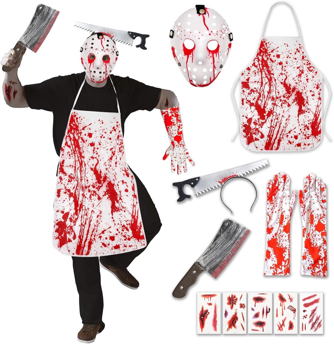 Halloween-kostuum voor heren, slagerkostuum, horror met bloedig schort, horroraccessoires voor Halloween-party, carnaval