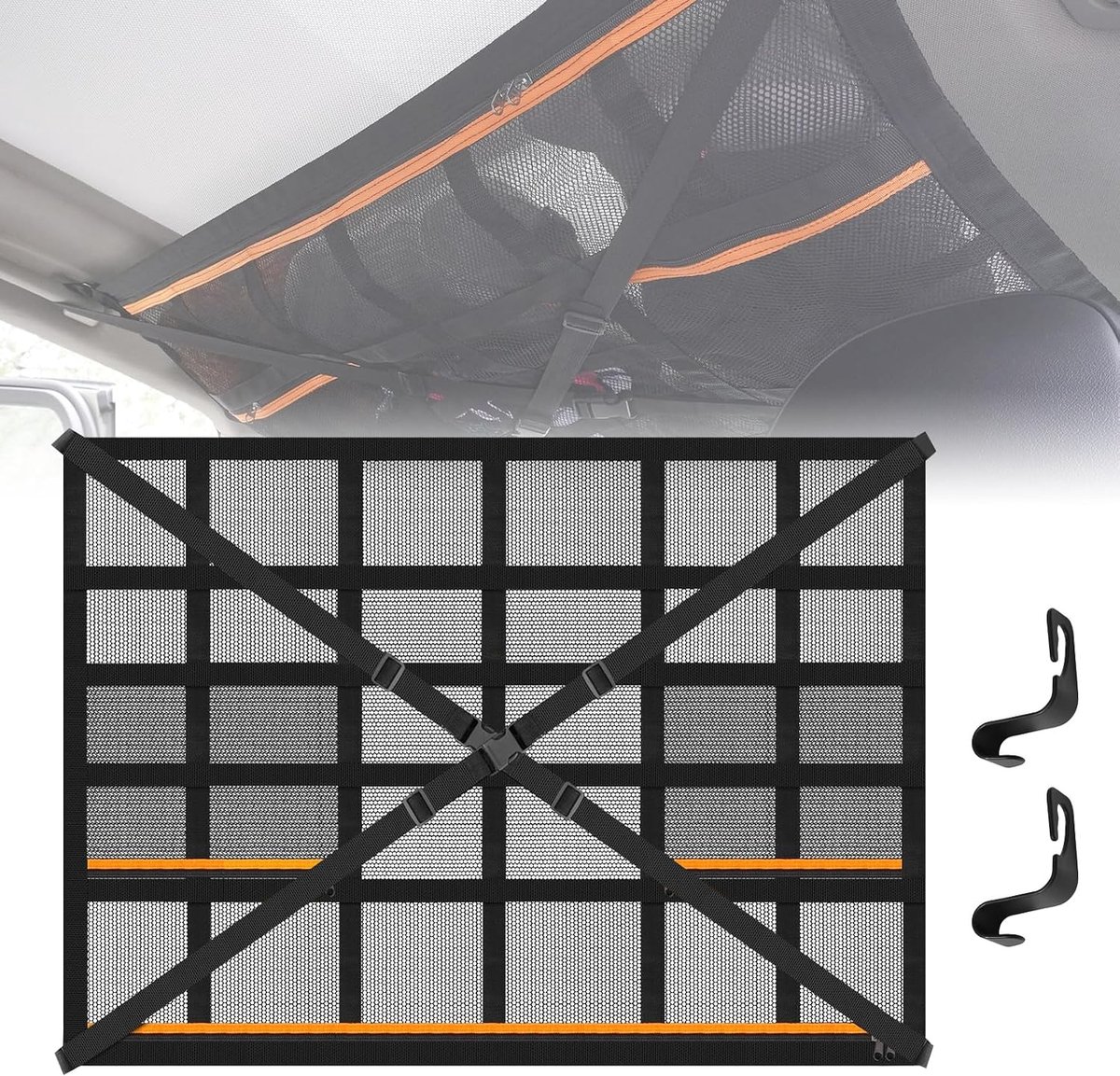 bagagenet, deken, 90 × 65 cm, universeel opbergnet met verstelbare kruisbanden en 3 onafhankelijke zakken met ritssluiting voor vier dakarmleuningen op auto's, jeeps, bestelwagens, SUV's