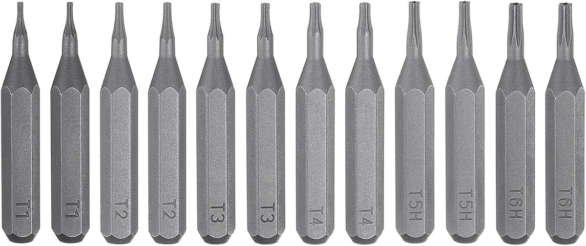 Torx-schroevendraaierbits, set van 12 stuks, T1-T4/T5H/T6H, 1/4 inch, zeskantige schacht, 28 mm, lengte S2 staal, magnetische ster, 6-punts kop, boorbit voor elektrische handmatige