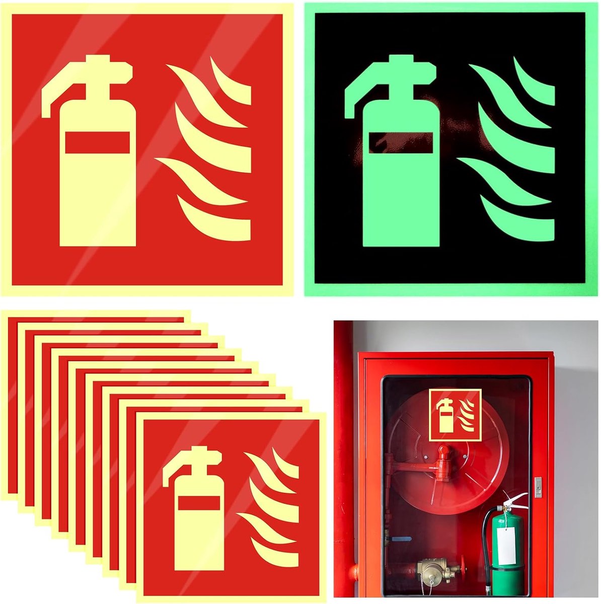SnelShoppen - Pack van 10 Luminous Brandblusser Bordjes 15 x 15 cm PVC Zelfklevende Brandblusser Signalen voor Thuis, Kantoor, Buiten