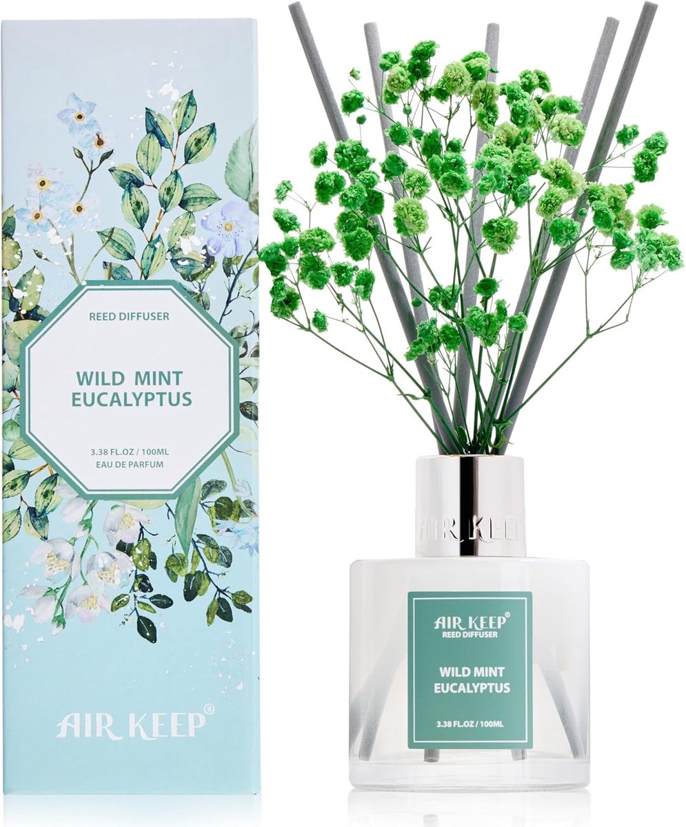 SnelShoppen - Reed Diffuser Air Freshener 100ml Wild Mint & Eucalyptus, Geurverspreider met 8 Geurstokjes voor Badkamer, Woonkamer, Slaapkamer, Decora