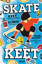 Illustratie met de tekst SKATE en KEET OLDENBEUVING en ELSBETH TEELING. Een meisje met helm en kniebeschermers op een skateboard.