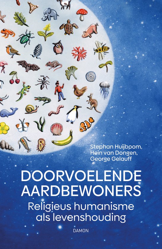Boekomslag met veelkleurige illustraties van dieren en planten, en de titel "Doorvoelende Aardbewoners".