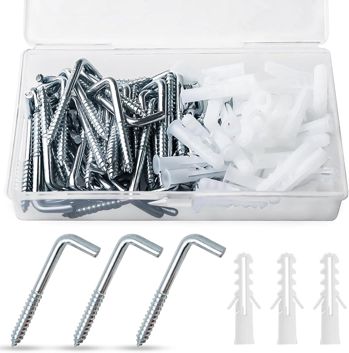 Haken, koolstofstaal, gegalvaniseerd, haakschroeven met 50 pluggen voor muren, houten constructie, hangende zware voorwerpen (3,8 x 50 mm)