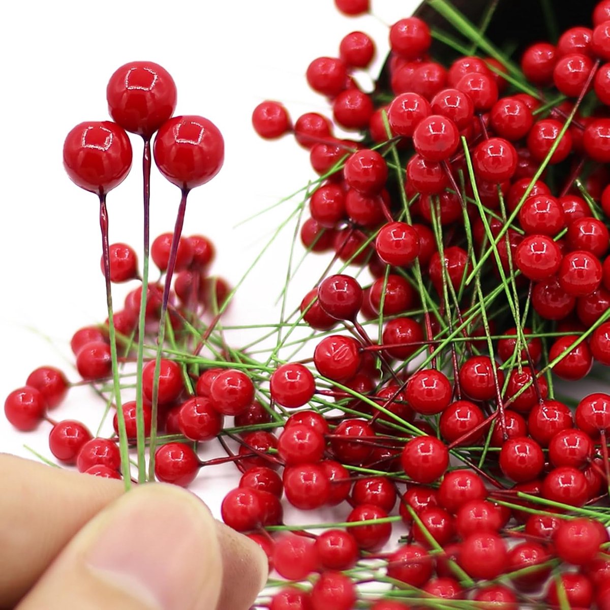 Kunstfruit, mini-8 mm, nepbes op draad, voor kerstboomversiering, krans, slinger, vakantie, ornament, doe-het-zelf handwerk, rood