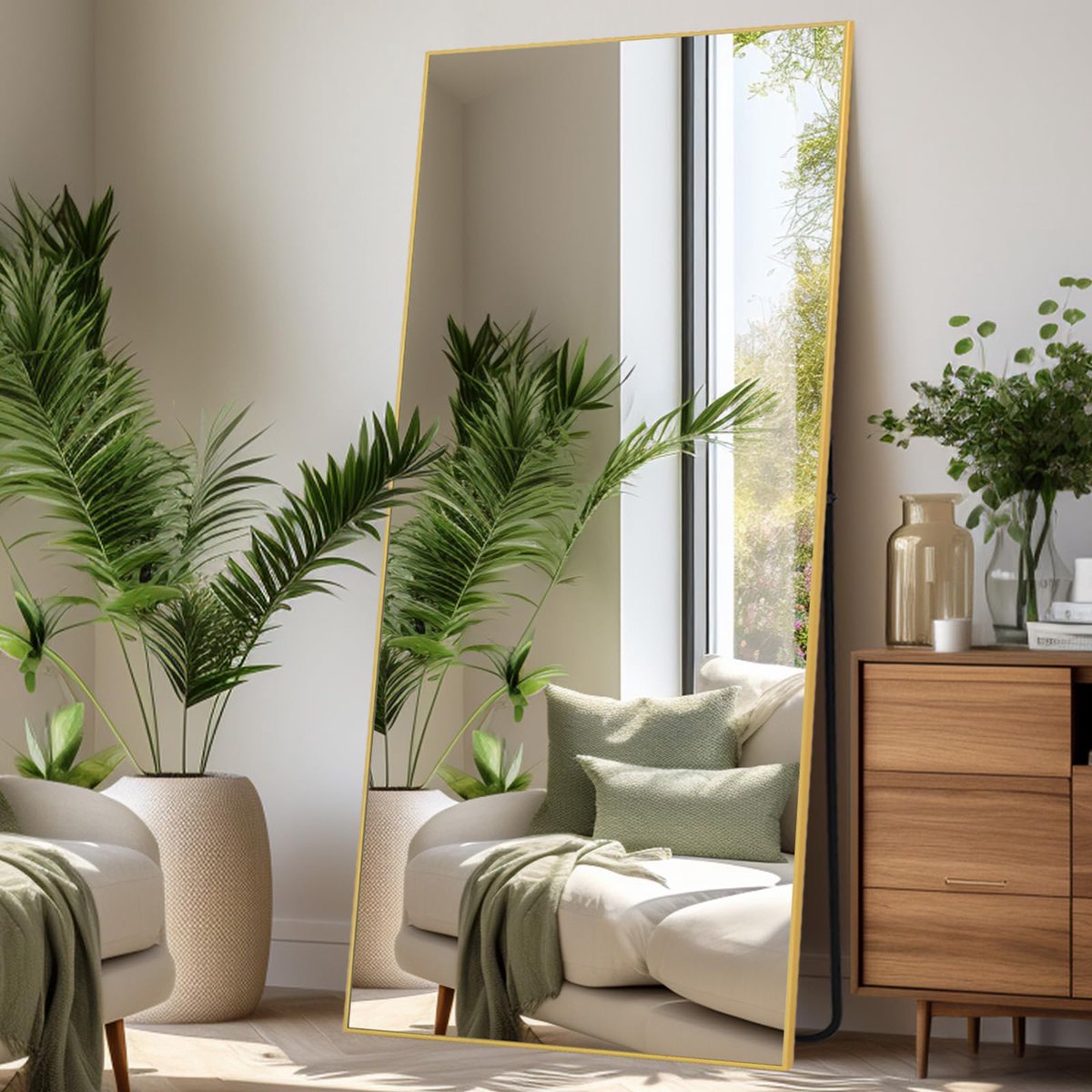 SnelShoppen - Grote staande vloerspiegel 192 x 85 cm met rechthoekige goudkleurige rand, vrijstaand voor slaapkamer, woonkamer en entree, perfect voor