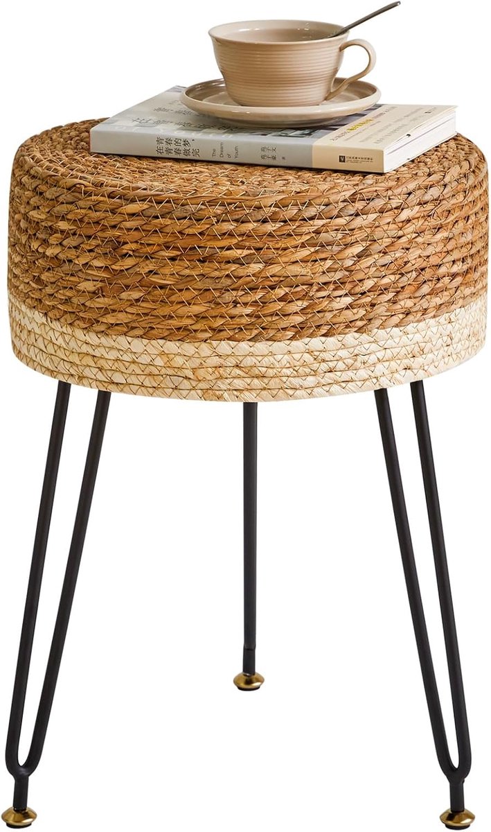 Voetenbank Natuurlijke Zeegras Hand Weef, Vanity Make-up Kruk, Pastorale Stijl Voetsteun, Gewatteerde Voetsteun met Metalen Benen, Voetsteun Sofa Kruk, voor Woonkamer, 32 × 32 × 45 CM Natuurlijk