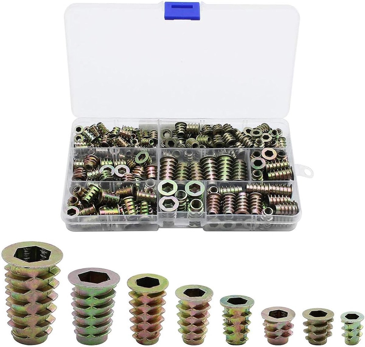 Sets Multiple Specifications Corrosion Resistance Threaded Zinc Alloy Wire Hex Drive Head Nuts for Wood Furniture Insert Assortment Kit