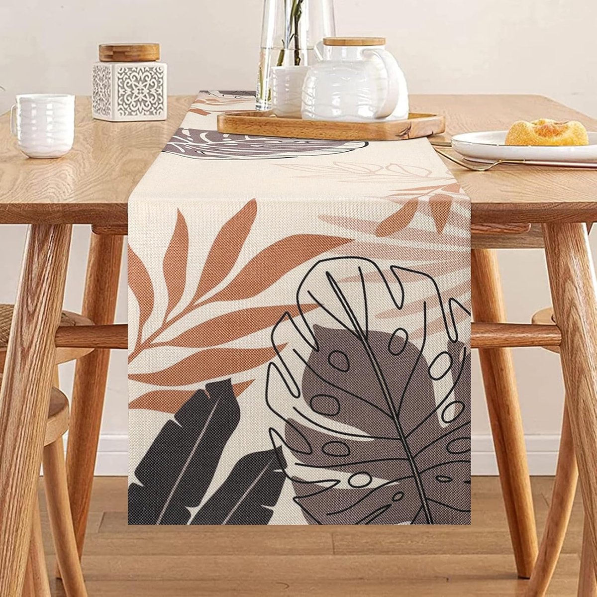 Tafelloper, modern, tropische bladeren, linnen, tafelloper, boho, tafeldecoratie, afwasbaar, groene bladeren, placemat, loper, 33 x 183 cm, antislip tafelkleed voor eettafel