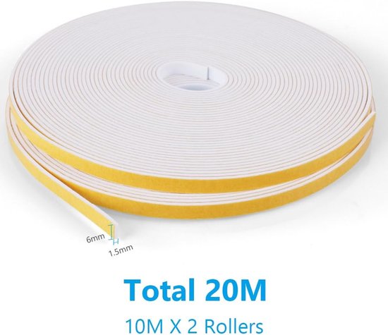 20 m tochtstrip, 6 mm (B) x 1,5 mm (T) weerstrippen schuimafdichtingstape, zelfklevende schuimtape deurraamafdichtingsstrip, anti-botsing, schokbestendige meubelbeschermende — afbeelding 2