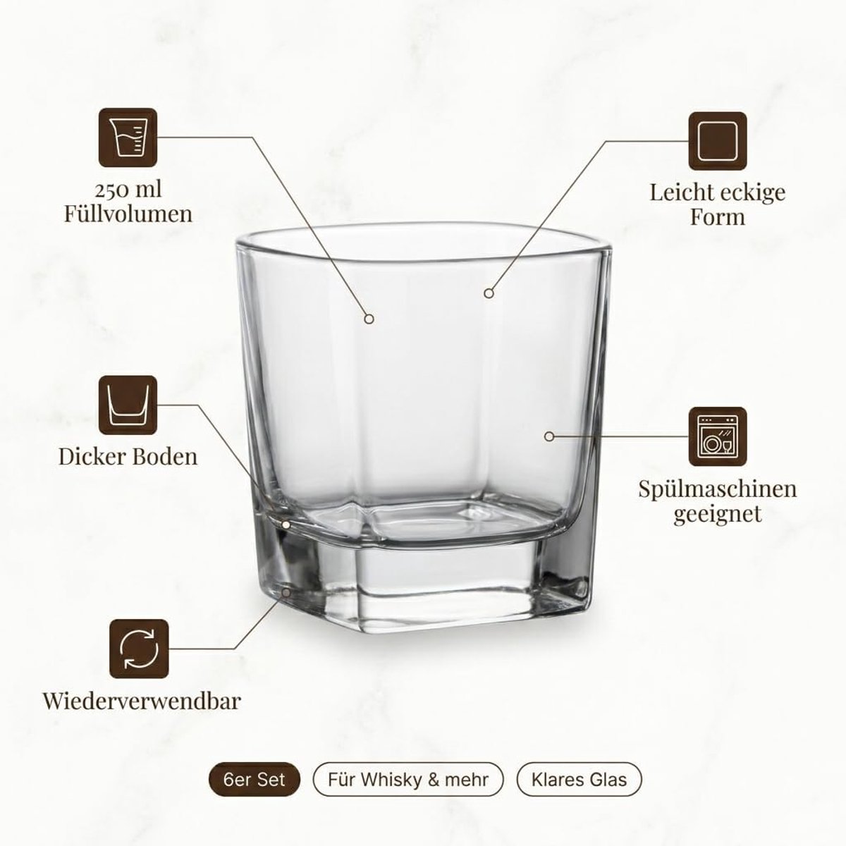 gouveo Set van 6 whiskyglazen 250 ml (0,25 l) Crystal – transparante drinkglazen in licht hoekige vorm met dikke bodem voor whisky, scotch, bourbon, cognac en brandy