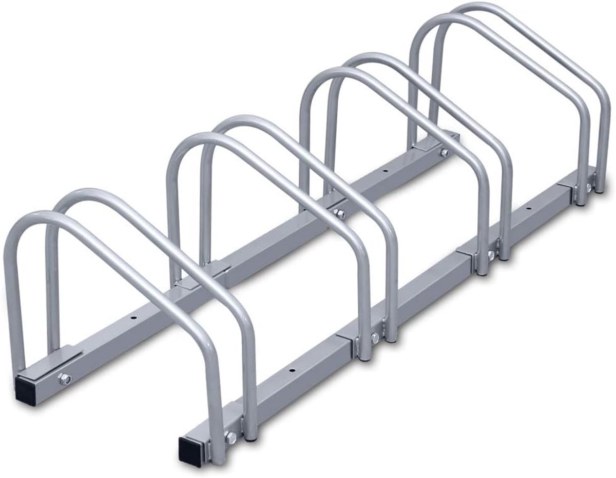 Fietsstandaard, voor 4 fietsen, vloer- of wandmontage, 35-55 mm bandbreedte, veilige fietsstandaard ook voor mountainbikes en e-bikes, 101 x 32 x 26 cm, zilver