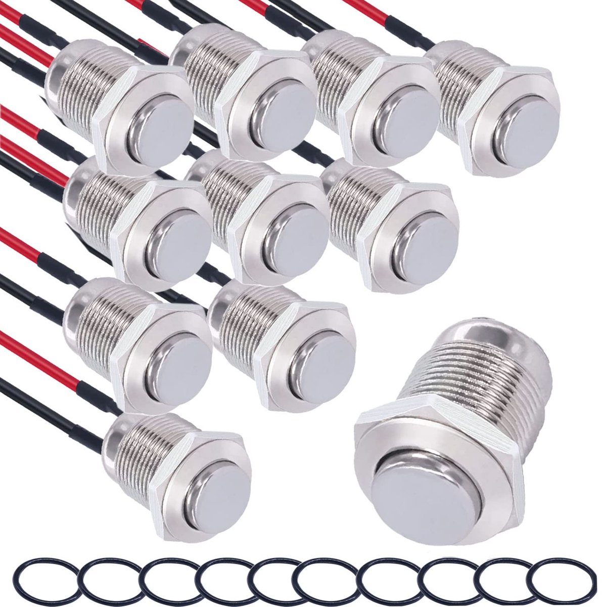 10 × 12 mm momentane drukknop, waterdicht, roestvrij staal, drukknop, belknop, 12 V, 3 A, 250 V, voor auto, pc, tafellamp (rond) (hoge kop) (voorbekabeld)