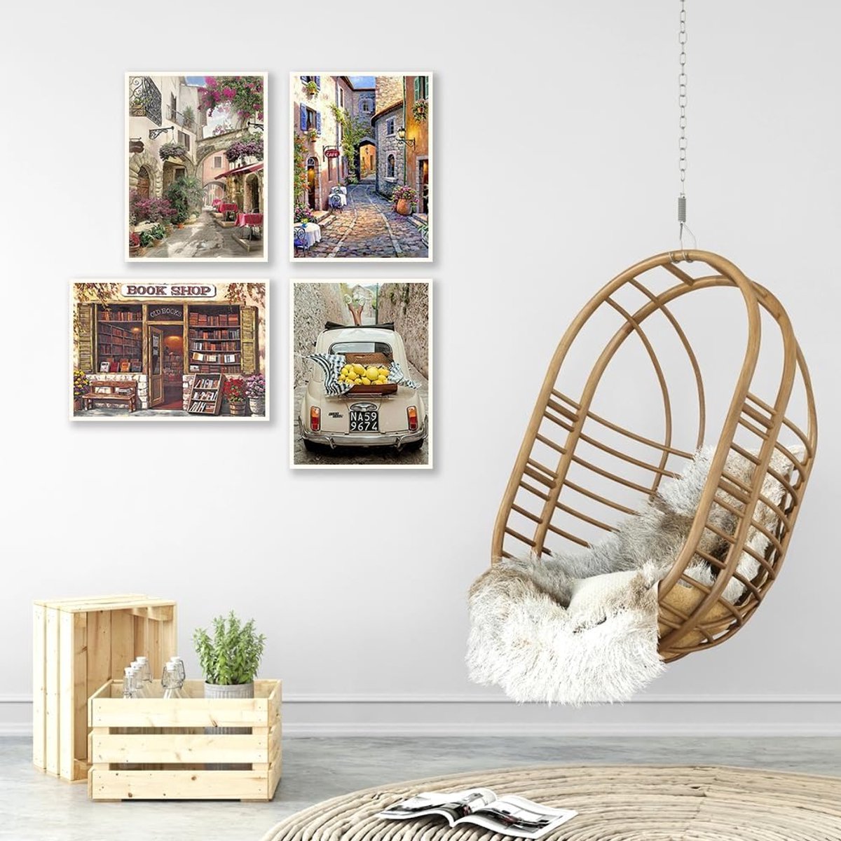30 x 40 cm DIY 4 Set Diamond Painting Stad Landschap, 5D Ronde Koffie Diamant Schilderijen, Auto Diamant Borduurwerk, Mozaïek Kunst/Creatieve Vrije Tijd Volwassenen/Thuis Wanddecoratie