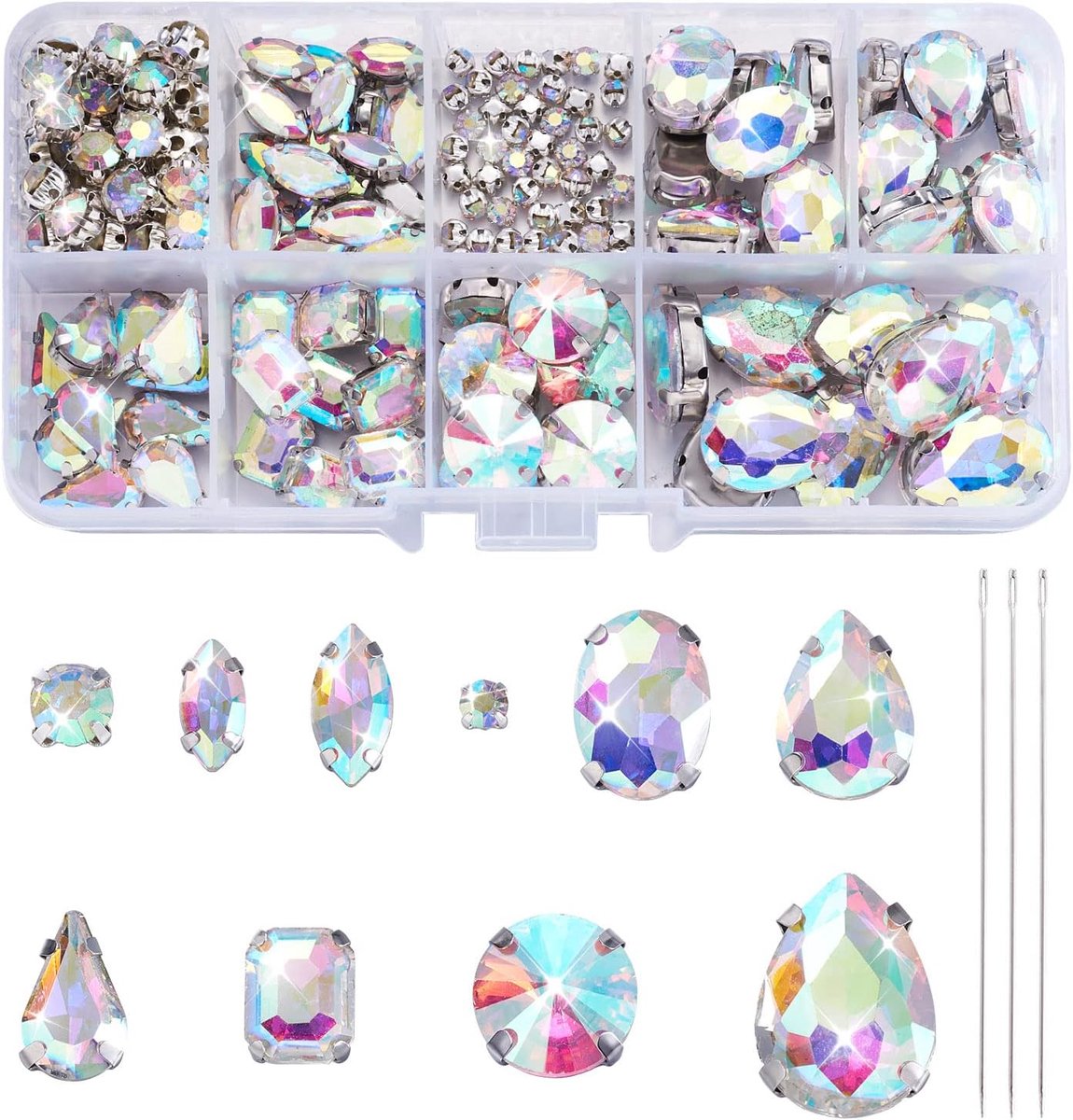 180Pcs Naaien Strass Flatback Glas Klauw Strass Met 25Pcs Naainaalden Voor Sieraden Kleding Schoenen Tas Decoraties