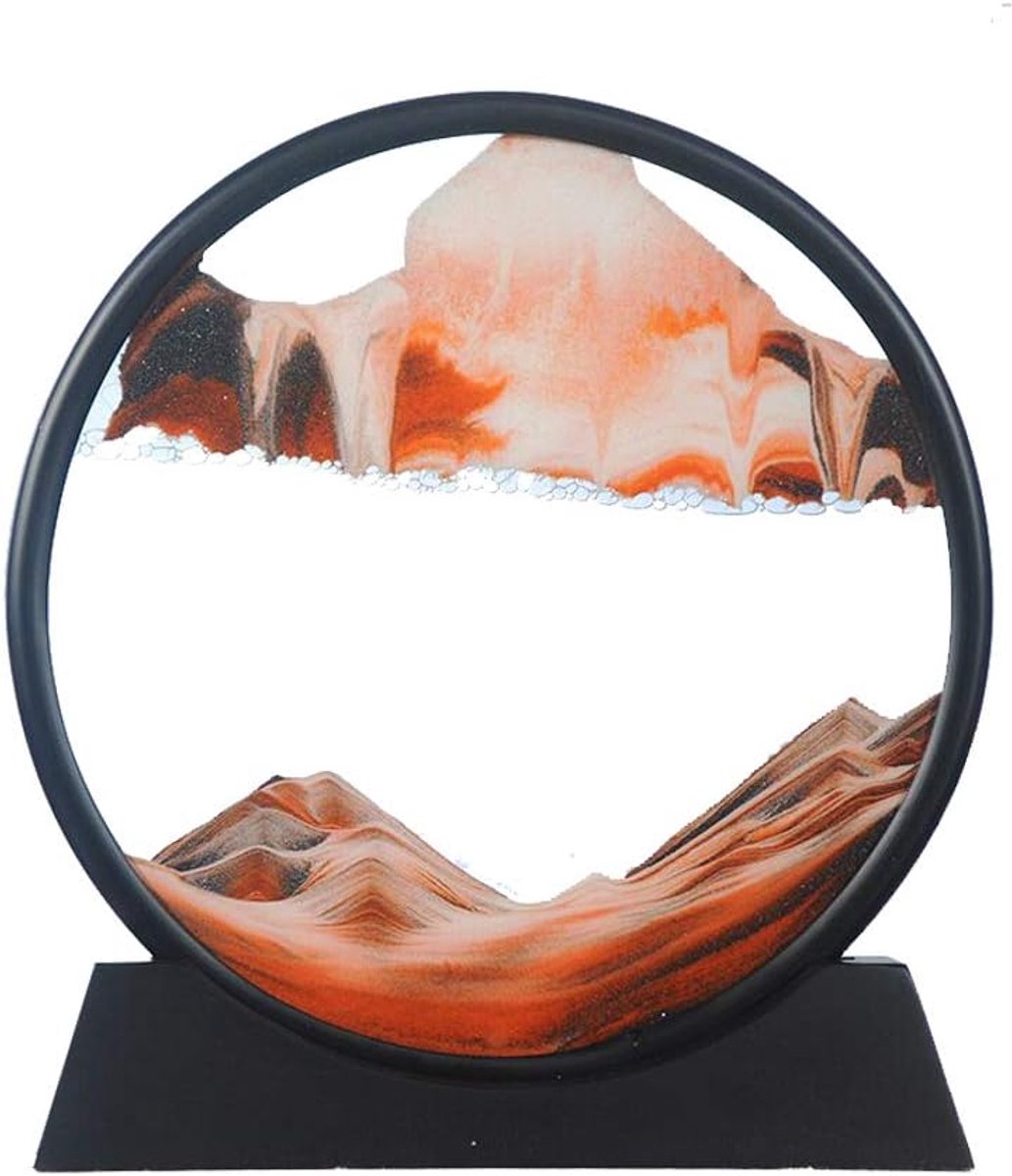 Bewegend zandkunstbeeld, rond, glas, 3D diepzee, zandlandschap in beweging, vloeiend zandframe, ontspannend bureau, thuiskantoor, werkdecoratie (7 inch, oranje)