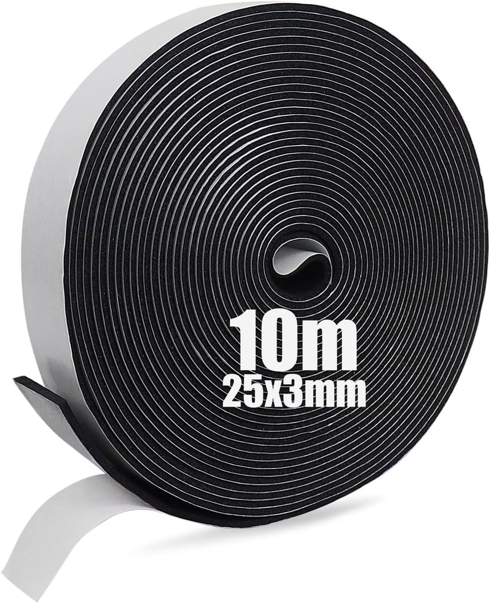 zelfklevende afdichtingstape, zelfklevende schuimrubberen tape voor ramen, deurafdichtingen, afdichting, anti-botsing, geluidsisolatie (25 mm (B) x 3 mm (D) x 10 m (L))