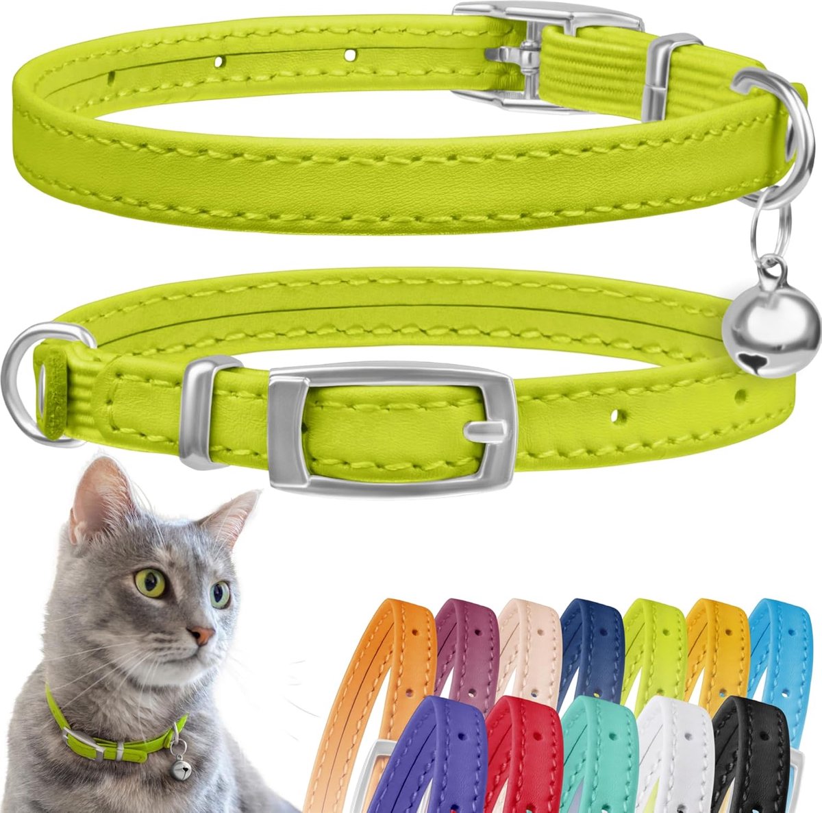 Leren Kattenhalsband met Afneembare Bel – Veilig Kittenhalsband met Elastische Band (Lime Groen, 15-18 cm)