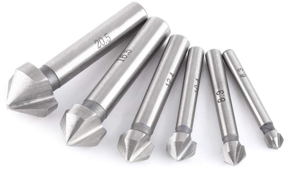 Verzinkfrees Bits, 6.3mm/8.3mm/10.4mm/12.4mm/16.5mm/20.5mm 3-Fluit Ronde Schachtfrees Bit Afschuining Tool 6 stks/set