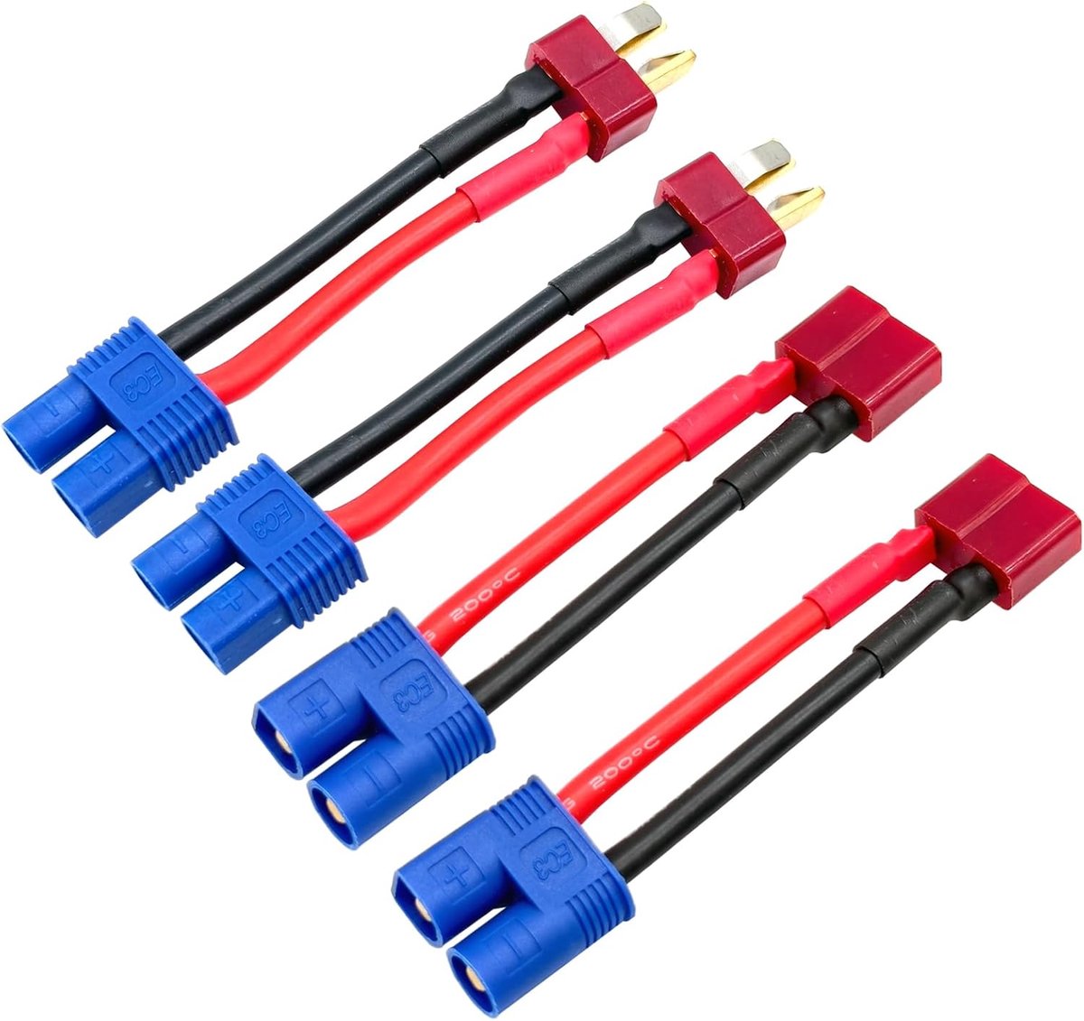4 stuks Deans T-plug naar EC3-stekker RC mannelijke bus adapter met 14awg 5cm draad (2 paar T-stekker naar EC3)
