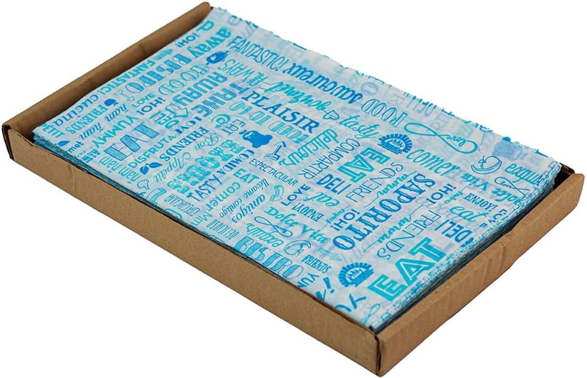 500 stuks vetafstotend - kraftwit - 30 x 20 cm - hamburgers, kebab, aardappelchips, sandwich - gewaxte levensmiddelen - parole-patroon blauw