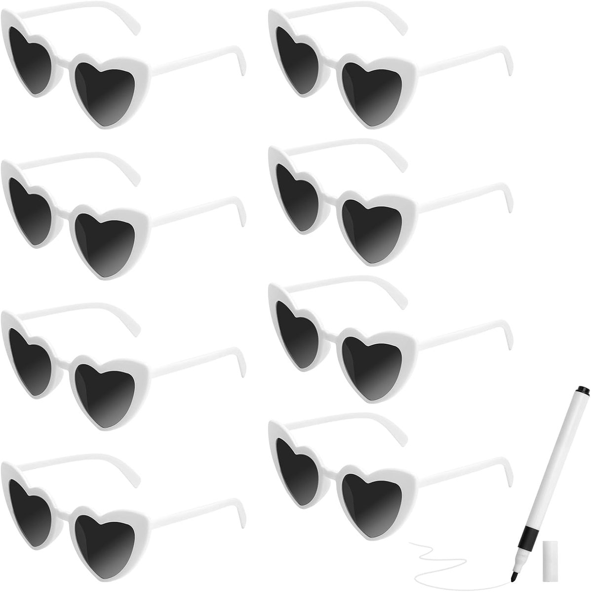 Hartvormige zonnebril wit montuur zwartgrijs lens 8-delige retro hartbril set voor bruiloft, vrijgezellenfeest zonnebril voor vrouwen, party & festival accessoires