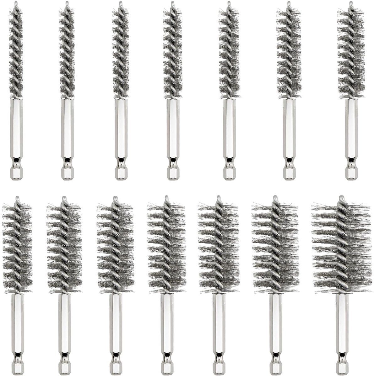 14 stuks draadborstel, boormachine, 8 mm - 25 mm, cilinderborstel met 1/4 inch zeskantschacht, roestvrijstalen draadborstel, rond voor ontroesten, slijpen en polijsten