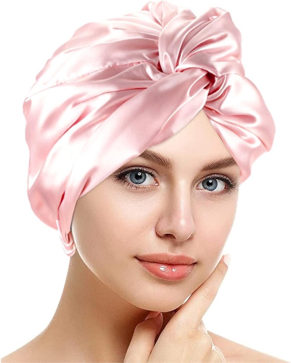 slaapmuts - Zijden muts voor gezond haar 's nachts, Satijnen haarmuts - Behoudt de krulvorm, Voorkomt pluis en haarbreuk, vrouwen met alle haartypen (roze) Kaempe
