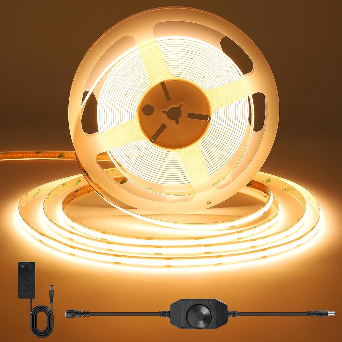 COB LED-strip, 24V LED-strip met Voeding en Draaiknopdimmer, CRI 92+, 90lm/w, 8mm Breed voor Onderkastverlichting, TV, Keuken, Woonkamer, Interieur DIY, 3m, Warm Wit, 3000K