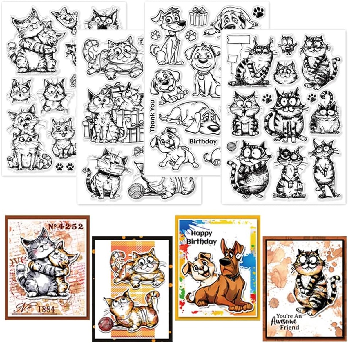 4 vellen grappige katten honden stempels voor het ontwerpen van kaarten cartoon kat honden siliconen stempel woorden transparante stempel zegel voor doe-het-zelf scrapbooking reliëf