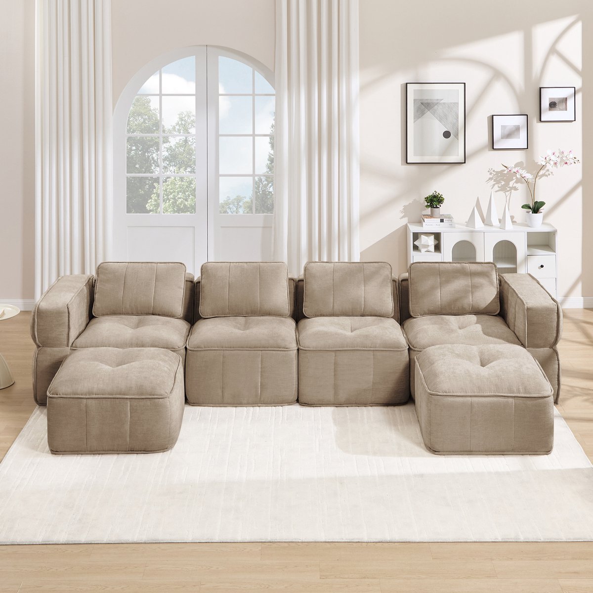 Pugsdrly 4-zits U-vormige modulaire bank zonder frame met 2 poefs, 32D-schuim met hoge dichtheid, zachte en comfortabele stoffen bekleding, antislip, voor de woonkamer, geen montage nodig, zandkleur.