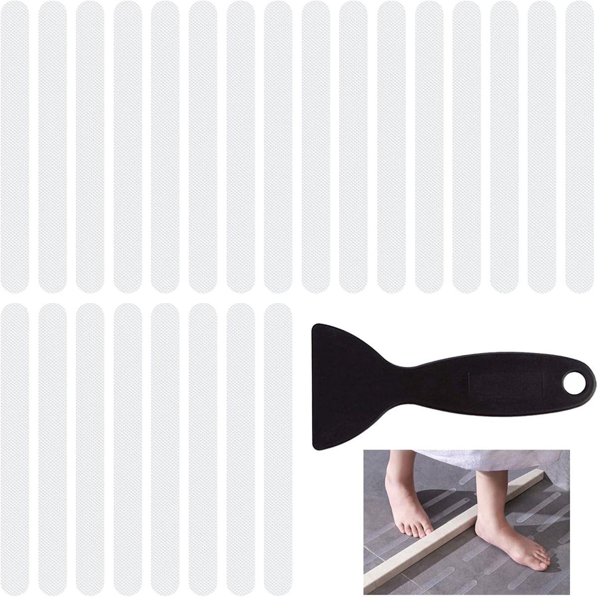 24 stuks antislipstickers voor badkuip en douche, zelfklevende antislip strepen, antislip badstickers met kunststof schraper voor grond, trap (transparant)