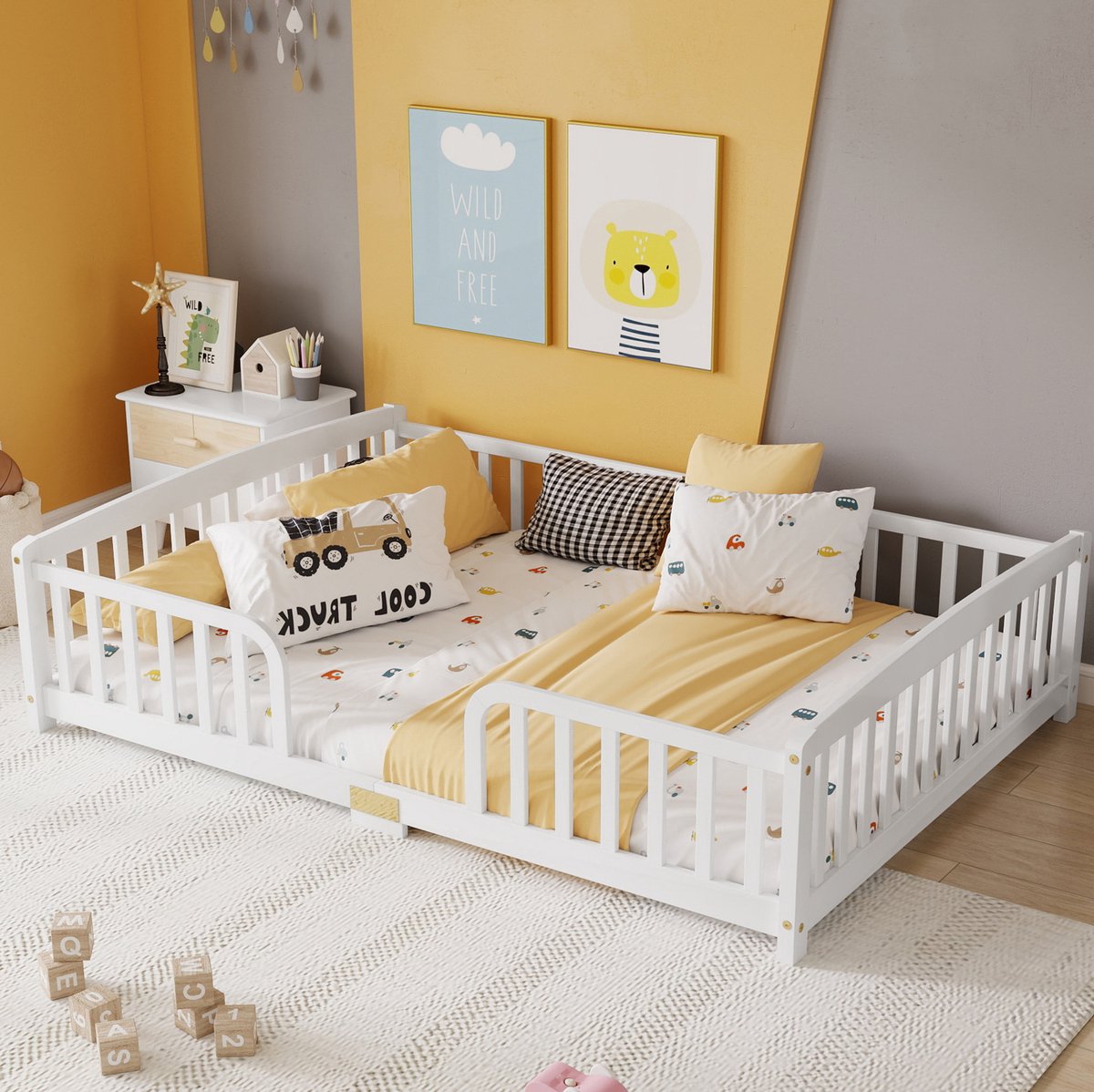 MIVRAY Kinderbed 140x200 Cm Zonder Matras - Vloerbed Met Uitvalbeveiliging En Centrale Instap - Grenenhout En Multiplex - Wit