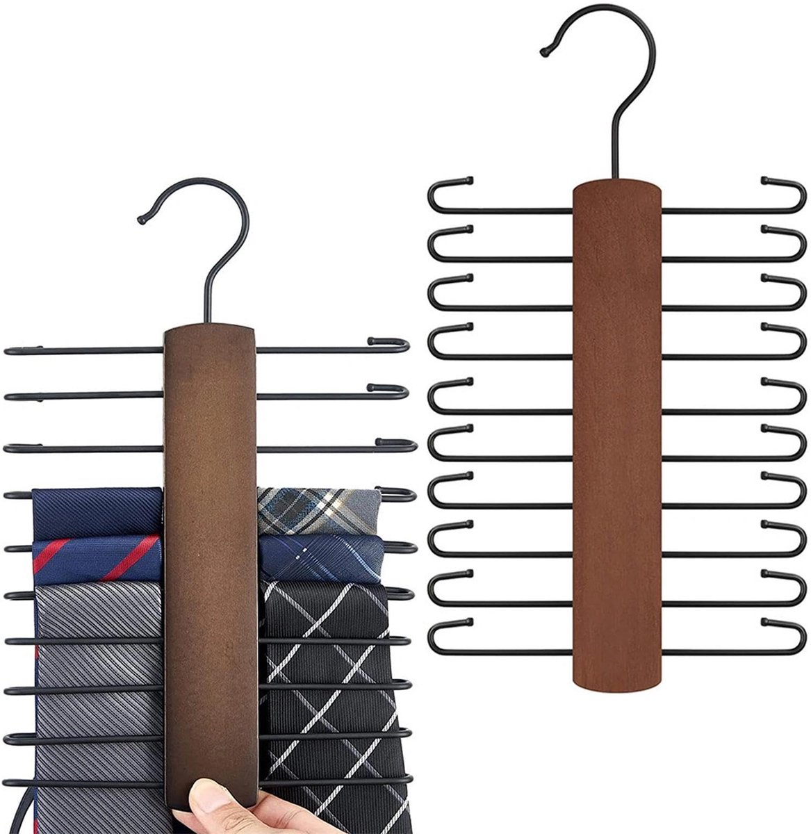 2 stuks stropdashouder van hout, 360 graden draaibare riemhanger met 20 haken voor stropdassen, sjaals, riemen, accessoires