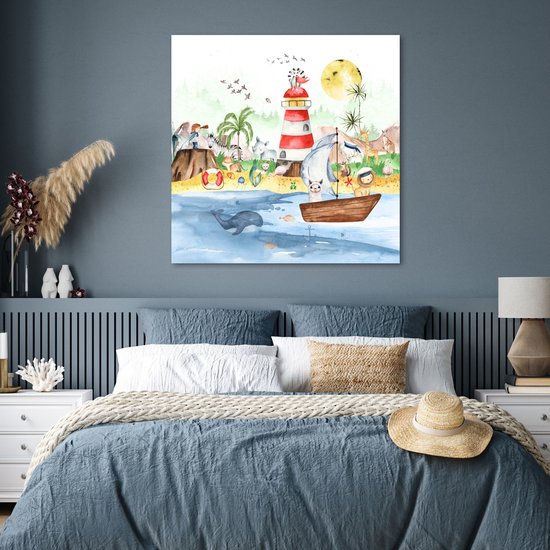 Poster kinderen - Wanddecoratie jongens - Strand - Dieren - Kinderen - Vuurtoren - Poster kinderkamer - 100x100 cm - Decoratie kinderkamers - Kinderkamer decoratie - Poster Babykamer — afbeelding 4
