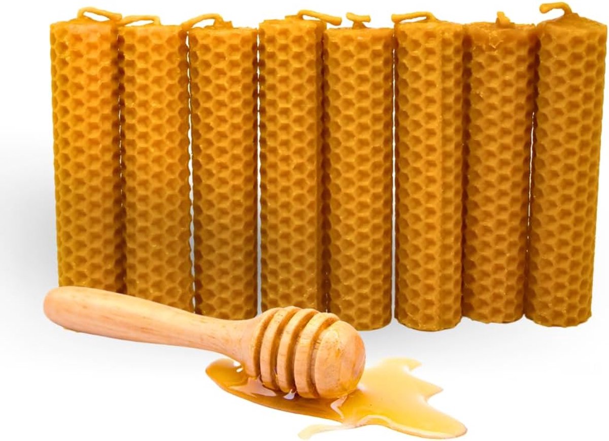 8 stuks bijenhoning-kaarsen voor rituelen, 100% natuurlijke Spaanse zuivere was, handgemaakt, herkomst van Spanje, zonder paraffine (8 stuks, 10 cm x 2,2 cm)