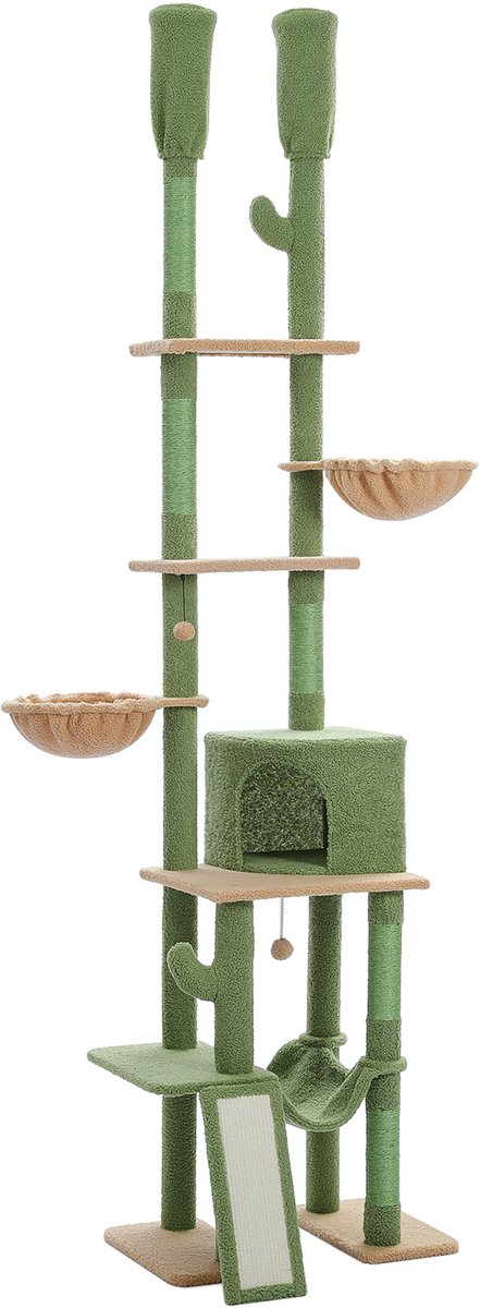 QUESTYR - Krabpaal - 216 – 285 CM - In Hoogte Verstelbaar - 7 Niveau's - 5 Platforms - 3 Hangmatten - Cactus - Met Speeltje